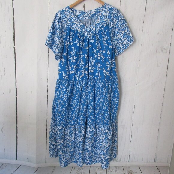 Only Necessities House Dress L 18 20  Blue Floral Short Sleeve Mumu Pockets - Picture 1 of 6